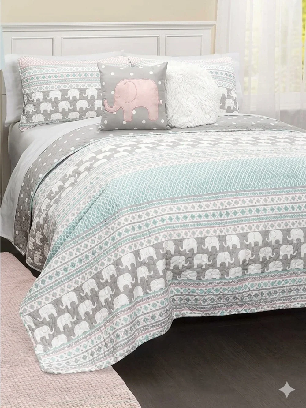 Lush Decor Elephant Stripe Twin Quilt Set Reversible Pink Turquoise 4 Pc